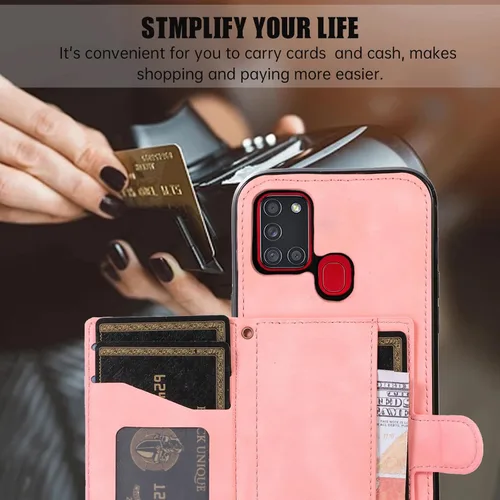 Vista 4 de Asuwish Funda de teléfono para Samsung Galaxy A21S con protector de pantalla de vidrio templado y correa cruzada, soporte para tarjeta de crédito