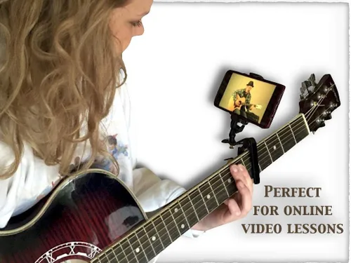 Vista 5 de Smartphone Guitar Capo Android and iPhone Compatible Dock Headstock Neck Clamp Cell Phone Holder Aid Musicians Electric or Acoustic Guitars