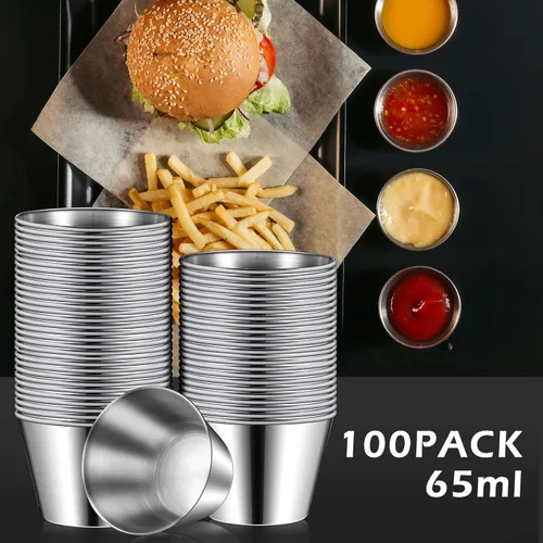 Vista 3 de Mimorou 100 moldes de metal de 2.5 onzas para salsa de acero inoxidable, recipientes de salsa a granel, cuencos redondos, tazones de condimento