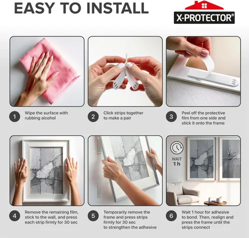 Vista 7 de X-Protector Tiras para colgar cuadros, 28 pares de ganchos de fotos sin daños, ganchos de pared autoadhesivos sin clavos, tiras resistentes