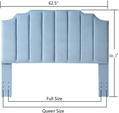Vista 2 de 24KF - Cabecera con tapiz capitoné de terciopelo, diseño moderno de canales verticales y tablero curvo, para cama Queen/matrimonial, celeste