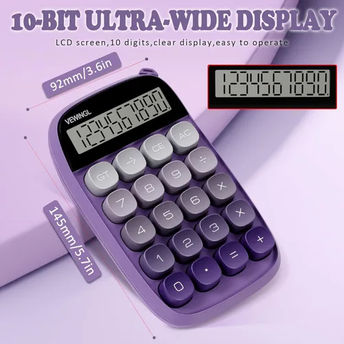 Vista 3 de VEWINGL Calculadora de interruptor mecánico, calculadora morada, bonita pantalla LCD grande de 10 dígitos y botones, calculadora con pantalla LCD