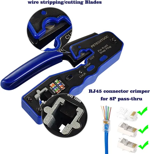 Vista 2 de Herramienta de crimpado RJ45 todo en uno, herramienta de crimpado Ethernet, cortador pelacables para pasar a través de conectores Cat5 Cat6