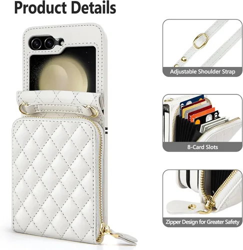 Vista 3 de Vofolen Funda para Samsung Galaxy Z Flip 5 con tarjetero, funda cruzada de 8 ranuras para tarjetas con correa ajustable, piel sintética suave