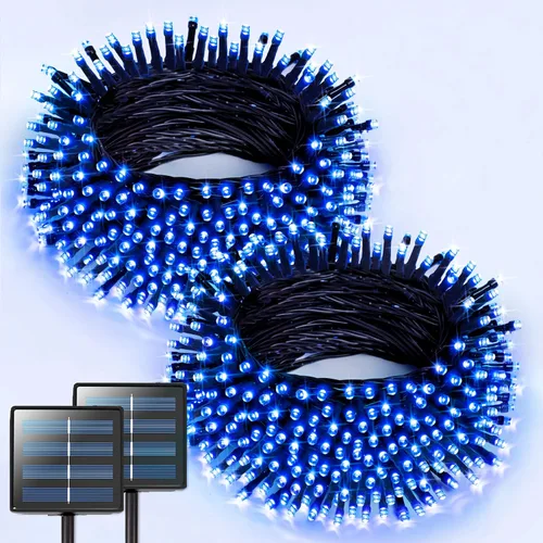 Vista 32 de JMEXSUSS Paquete de 2 tiras de luces solares para exteriores, 100 LED de 42.7 pies de luces solares blancas para exteriores, impermeables, 8 modos