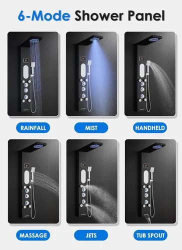 Vista 2 de ROVOGO Sistema de Torre de Panel de Ducha LED con Cabezal de Ducha de Lluvia con Niebla, Chorros Corporales, Ducha de Mano y Caño de Bañera, Luces