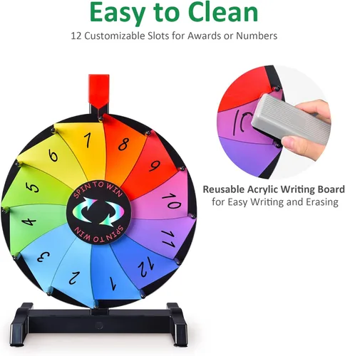 Vista 4 de WinSpin Rueda de premios de mesa de 12 pulgadas, rueda de ruleta de juegos de carnaval con marcador de borrado en seco, rueda giratoria resistente