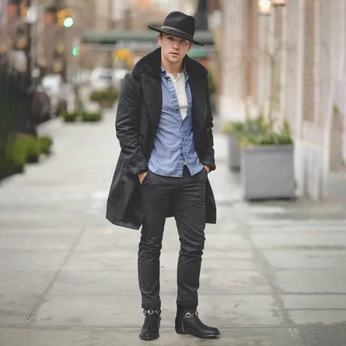 Vista 3 de Botas vaqueras para hombre, botas de tacón grueso bloqueado con correa Chonco cosidas, botas occidentales cerradas, punta redonda, botas bordadas a