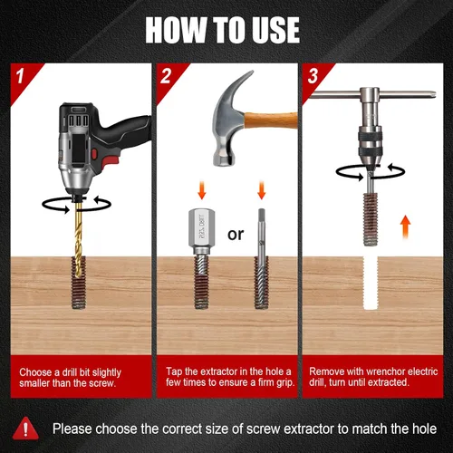 Vista 6 de Juego de 15 extractores de tornillos, juego de extractores fáciles de sacar, broca de mano izquierda, extractor de cabeza hexagonal, kit de acero