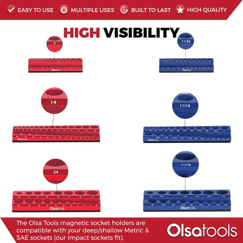 Vista 2 de Olsa Tools Organizador magnético de enchufes Juego de 6 soportes para enchufes Unidad de 12 pulgada, 38 pulgadas y 14 pulgadas Rojo métrico, azul