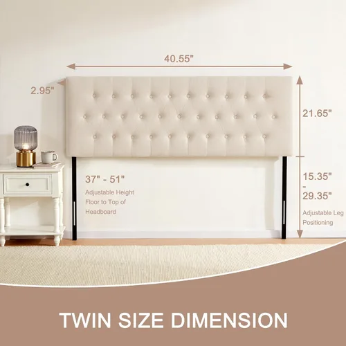 Vista 2 de Huatean Home Cabecera Tapizada Capitoné Tamaño Twin, Cabecero de Madera Maciza con Patas de Metal Duraderas, Altura Ajustable Cabecero Twin XL