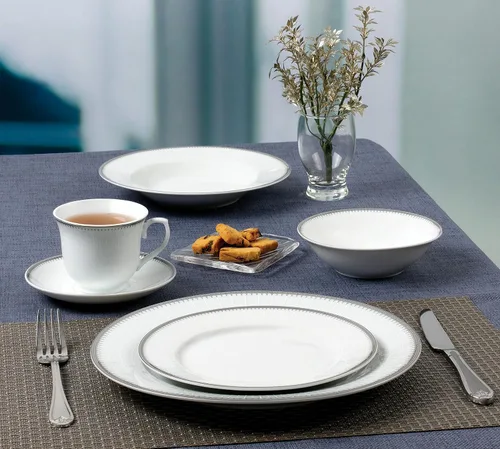 Vista 3 de Elegante y elegante juego de vajilla de porcelana de 24 piezas para 4 personas - Alyssa, plata