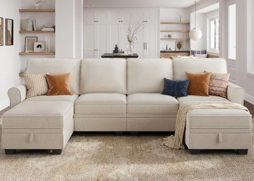Vista 12 de HONBAY - Sofá seccional con asiento de almacenamiento de terciopelo, en forma de U, con tumbona reversible, sofá seccional convertible para sala