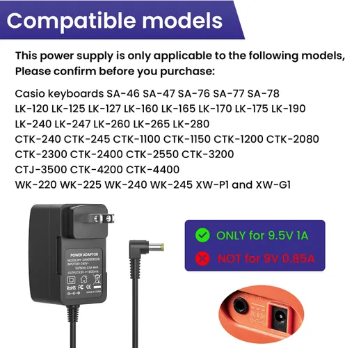 Vista 2 de Adaptador CA/CC de 9.5 V para cargador de fuente de alimentación Casio para teclado de piano Casio, solo compatible con los modelos enumerados