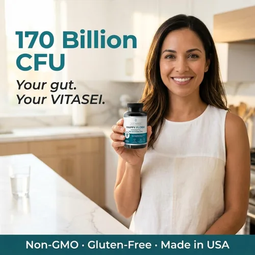 Vista 9 de VITASEI Happy Flora, Suplemento probiótico 170 mil millones de UFC para una salud intestinal saludable con enzimas para la digestión, probióticos
