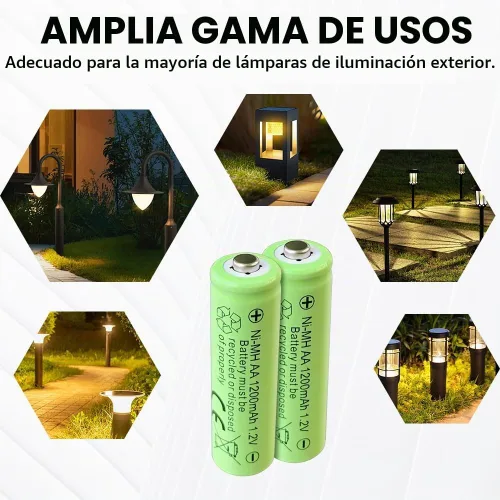 Vista 2 de Baterías recargables AA, baterías Ni-MH de 1200 mAh de 1.2 V de baja autodescarga, batería doble A precargada para luces solares, juguetes