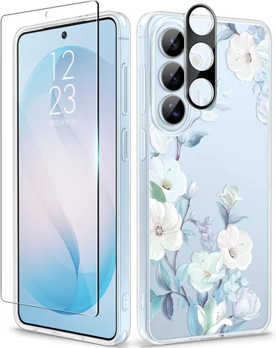 Vista 76 de GVIEWIN Funda protectora para Samsung Galaxy S25, transparente floral, delgada, a prueba de golpes, para mujer, no se pone amarilla, con protector