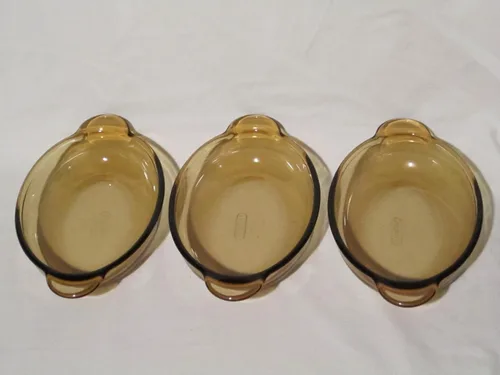 Vista 2 de (3) Corning Visions Vision Ware Amber Au Gratin Oval Cacerola V-14-B - Juego de 3