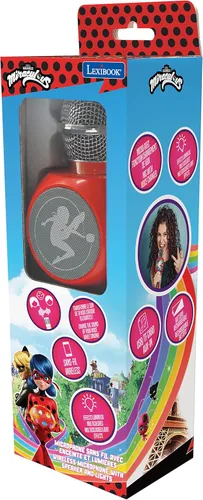 Vista 3 de LEXiBOOK Micrófono inalámbrico milagroso con altavoz y luces, Bluetooth, función de cambio de voz, efectos de luz, puerto micro SD, USB, plata/rojo