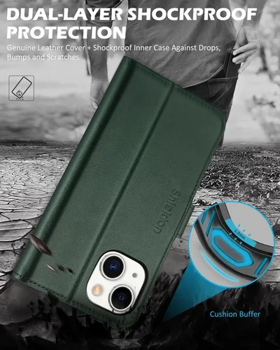 Vista 6 de SHIELDON Funda para iPhone 14 5G 2022, piel auténtica para iPhone 14 con función atril, bloqueo RFID, tarjetero magnético a prueba de golpes