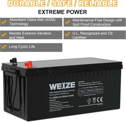 Vista 4 de WEIZE AGM - Batería 4D de tamaño grupal, batería de ciclo profundo de 12 voltios y 200 Ah perfecta para RV, caravana, campamento, remolques