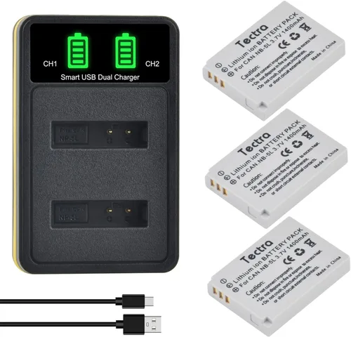 Tectra Paquete de 3 baterías NB-5L y cargador para Canon PowerShot S100, S110, SD790 es, SD850 es, SD870 es, SD880 es, SD890 es, SD970 es, SX200 es,