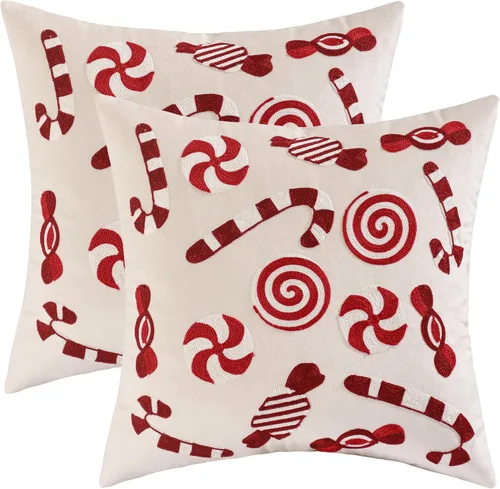 Funda para almohadón navideño 18 x 18 pulgadas, juego de 2, funda de almohada de terciopelo beige con bastón de caramelo, funda para almohadón de