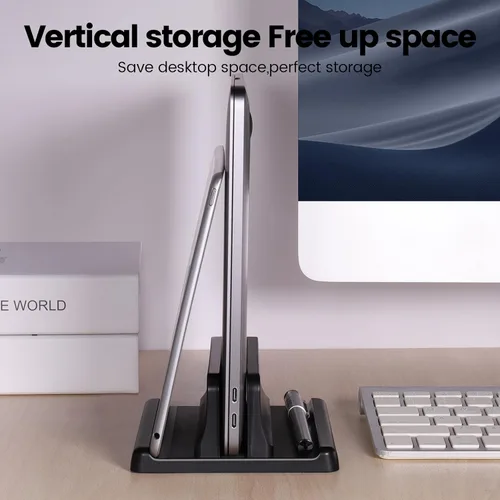 Vista 6 de Soporte vertical 3 en 1 para laptop, base ajustable de plástico ABS para computadora de escritorio, soporte vertical para laptop, ahorro de espacio