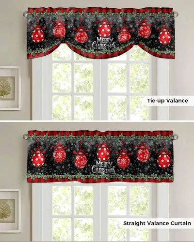 Vista 5 de Cenefa de cortina con lazo rojo de Navidad para ventanas, sala de estar, cocina, baño, granja, bolas de Navidad de acuarela con diseño de bayas