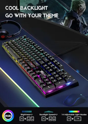 Vista 3 de Mechanical Gaming KeyboardWired 104 Keys RGB Keyboard with Blue Switch Programmable RGB Backlit for Windows Gaming PC