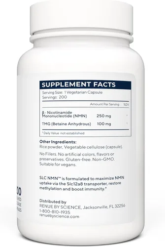 Vista 3 de Renue By Science Suplemento NMN 200 cápsulas entéricas SLC – 250 mg de mononucleótido de nicotinamida por porción Liberación retardada para una