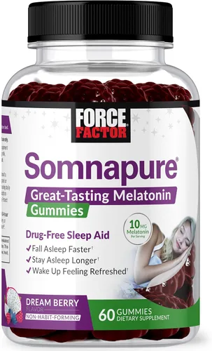 Force Factor Somnapure Gomitas con Melatonina 10 mg para Adultos, Ayuda para Dormir Natural que no Crea Hábito para Sueño Profundo, Permanece