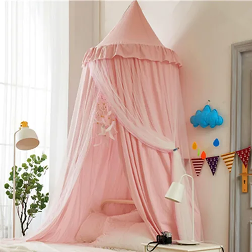 Vista 16 de VETHIN Toldo de cama para niños con luces, doble capa de cúpula redonda de princesa para niños, mosquitera de ensueño, habitación de niñas