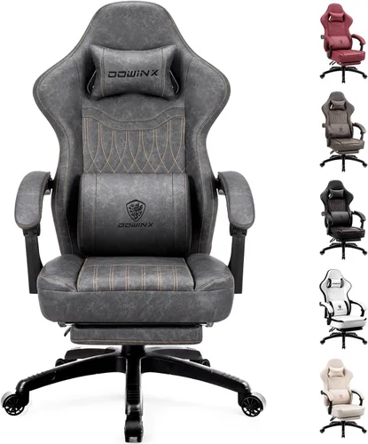 Vista 10 de Dowinx Silla de Juegos de Cuero PU Transpirable para Jugadores con Reposapiés, Soporte Lumbar de Masaje, Silla de Computadora Reclinable Ergonómica
