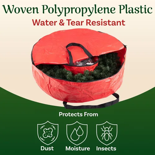 Vista 3 de Elf Stor Bolsa redonda de 36 pulgadas con compartimento interior para adornos, protege las guirnaldas artificiales de vacaciones y Navidad (rojo)