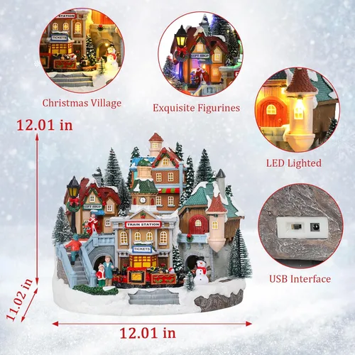 Vista 4 de VCUTEKA Aldea Navideña Animada, Estación de Tren Musical Iluminada, Escena de Aldea Navideña de Navidad con Tren Rotatorio, Muñeco de Nieve, Aldea