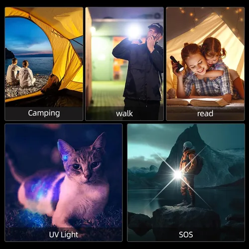 Vista 5 de Linternas recargables LED superbrillantes, linternas tácticas con zoom con 6 modos (lámpara UV), linterna de alta potencia de 6000 lúmenes, luces