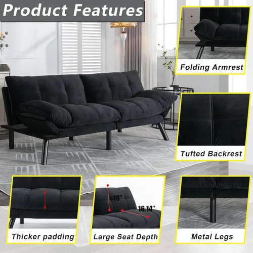 Vista 4 de Sofá cama tipo futón de terciopelo moderno de 70 pulgadas, sofá cama convertible con respaldos ajustables y reposabrazos plegables para sala de Negro