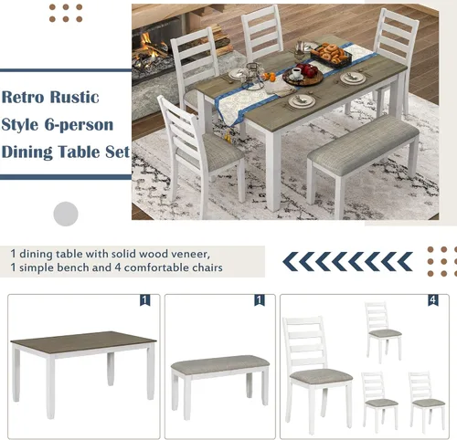 Vista 7 de SIYSNKSI Juego de muebles de comedor para 6 personas estilo rústico mesa rectangular de madera con 4 sillas ergonómicas y 1 banco para cocina sala