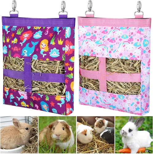 2 bolsas de heno para conejillos de indias, lavable, bolsa de alimentación de heno para conejillos de mascotas con 2 agujeros, lindo alimentador