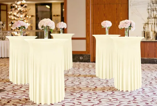 Vista 4 de Paquete de 4 manteles redondos para mesa de cóctel, de 32 x 43 pulgadas, de elastano, con cortinas onduladas, color beige, para mesa de boda, bar