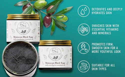 Vista 8 de Natural Elephant Kessa - Guantes de hammam prémium y jabón negro marroquí con aceite esencial de eucalipto, 200 g (7 oz), kit de exfoliación de spa