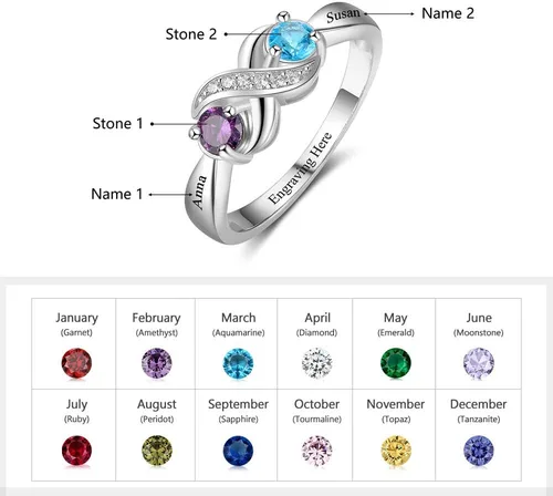 Vista 2 de Anillos personalizados de plata de ley 925 con 2 piedras de nacimiento redondas de imitación grabadas personalizadas, anillos de compromiso
