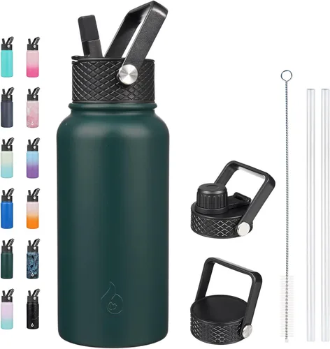 Vista 88 de BJPKPK - Botellas de agua aisladas con tapa de popote, botella de agua de acero inoxidable de 27 onzas con 3 tapas, termo de metal sin BPA a prueba