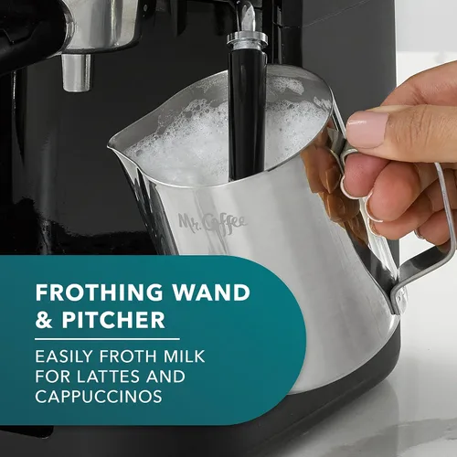 Vista 5 de Mr. Coffee máquina al vapor de 4 tazas para preparar café expreso, capuchino y café con leche con jarra de espuma de acero inoxidable