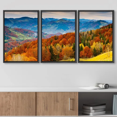 Vista 3 de wall26 Lienzo enmarcado para pared, juego de arte rojo, verde y amarillo, bosque de montaña otoñal, naturaleza, desierto, fotografía, realismo Obra