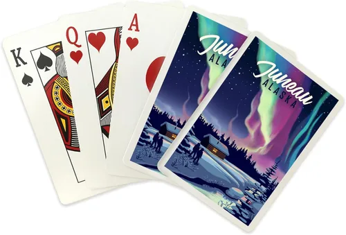Vista 2 de Lantern Press Juneau, Alaska, Northern Lights and Cabin, Two People, 52 Playing Cards for Adults, Poker Size Card Deck