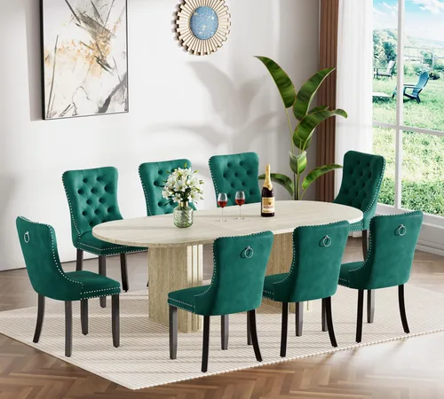 Vista 35 de Pvillez Extendable Dining Table Set of 8, Black Oval Dining Room Table & 8 Black Velvet Dining Chairs with Wood Leg, 62.99"-78.74" Kitchen Table and