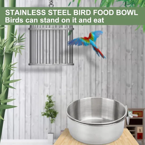 Vista 3 de Paquete de 3 vasos de alimentación de pájaros con soporte de abrazadera, de acero inoxidable, para cacatúas, periquitos, guacamayos, pinzones