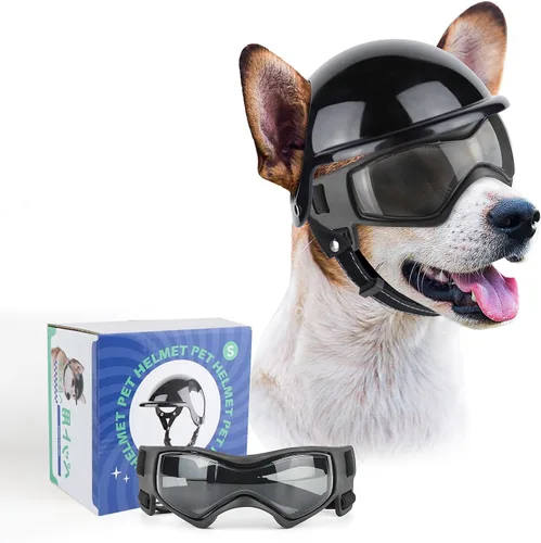 Gafas para perros pequeños con casco, 2 lentes de sol para perros y casco de motocicleta para mascotas para razas pequeñas y medianas al aire libre